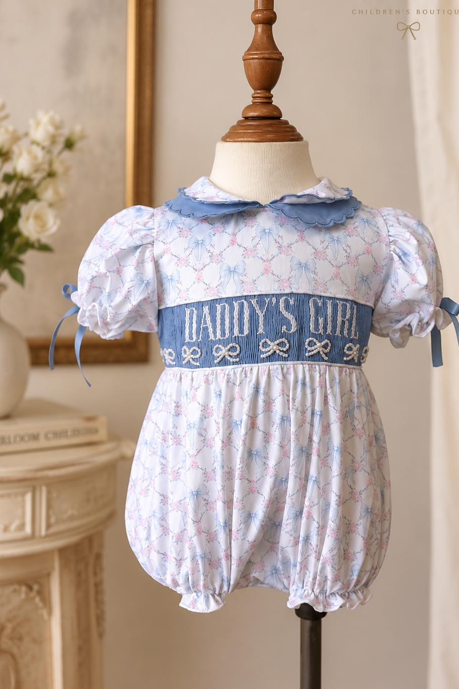 Smocked Daddy’s Girl Bow Bubble with Pearl Details