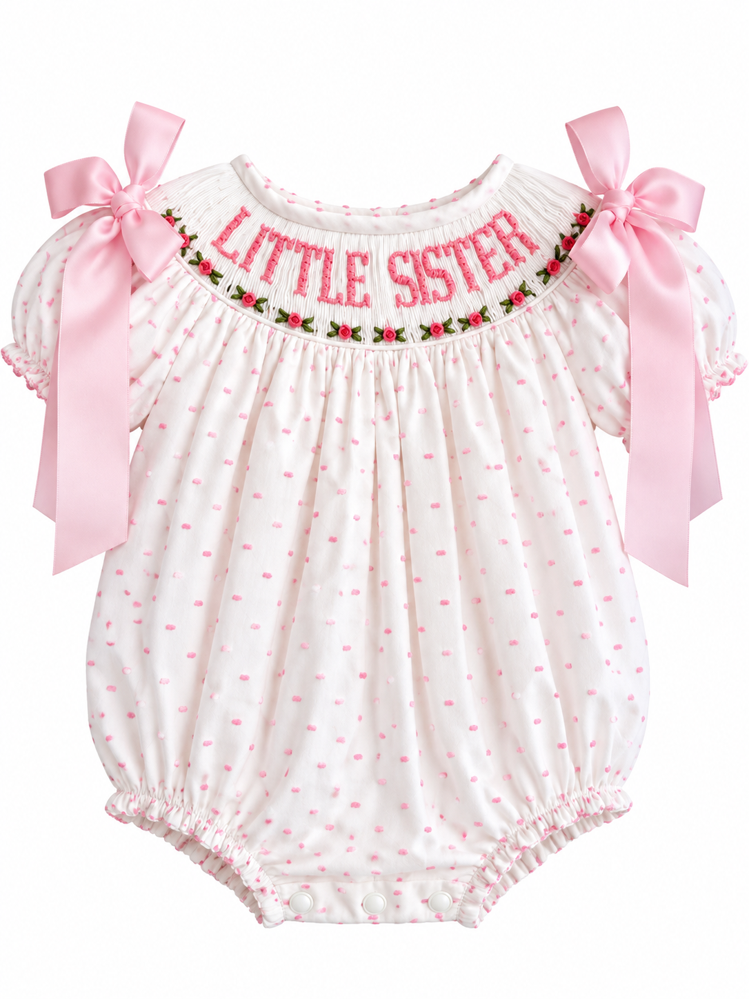 Smocked Pink Swiss Dot Little Sister Bubble with Bows & Rosettes