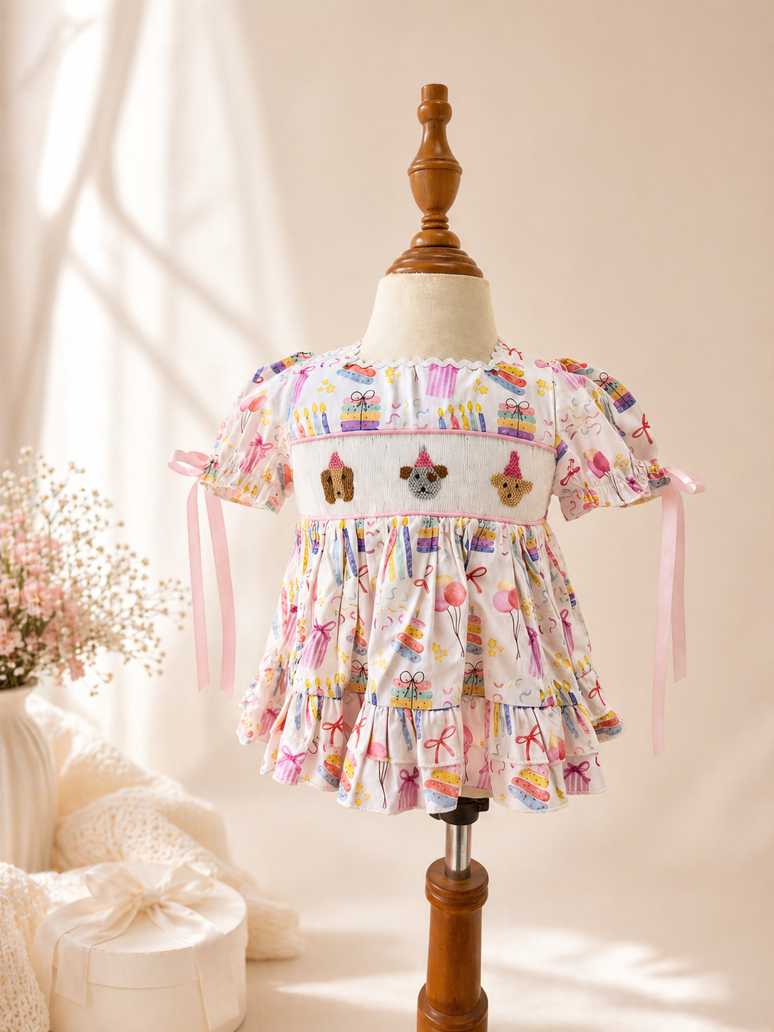 Pawty Pups Smocked Bloomer Set with Bow Detailing
