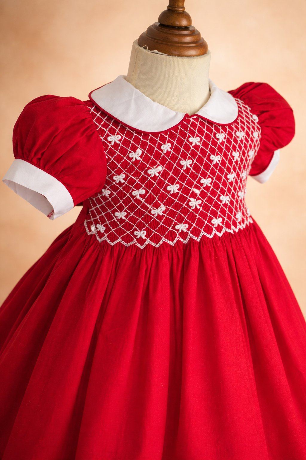 Classic Red Smocked Dress with Peter Pan Collar and Embroidered Bows