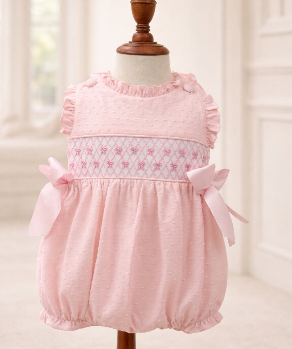 Swiss Dot Pink Bow Smocked Bubble