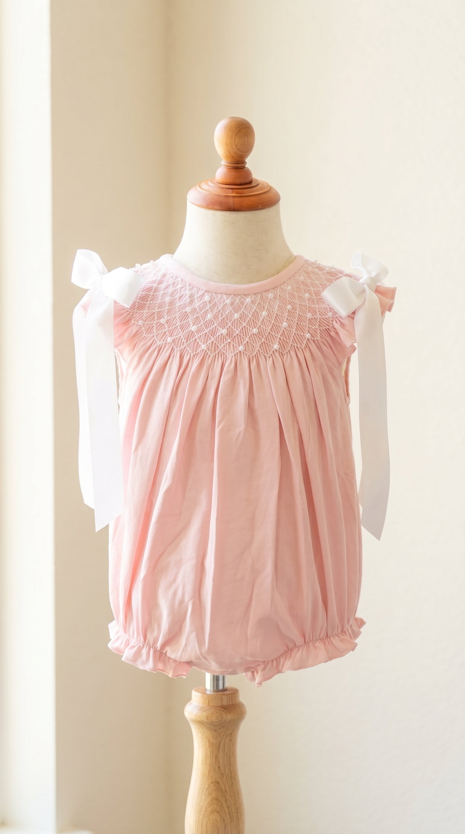 Smocked Heirloom Bishop Bubble with Pearl and Bow Detailing