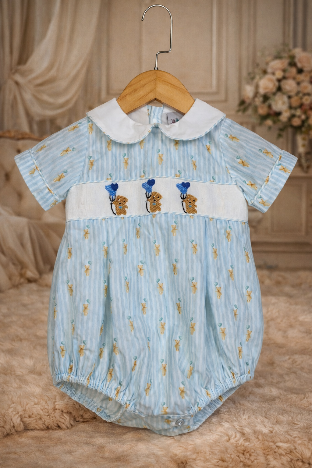 Boy Bubble with Peter Pan Collar & Smocked Bear with Blue Balloon 💙🐻🎈
