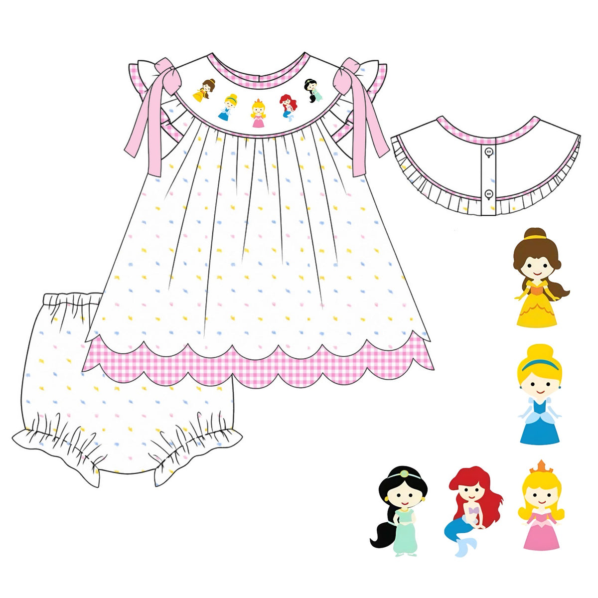 Smocked Princess and Friends Swiss Dot Gingham Bloomer Set