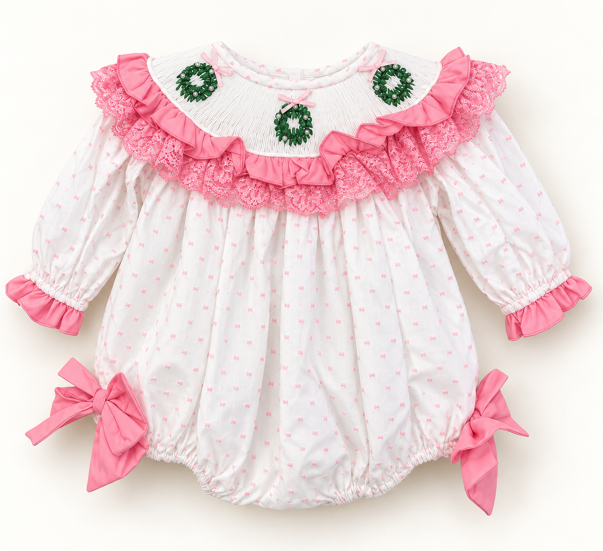 Smocked Christmas Wreath Swiss Dot  Bubble with Pearls and bows