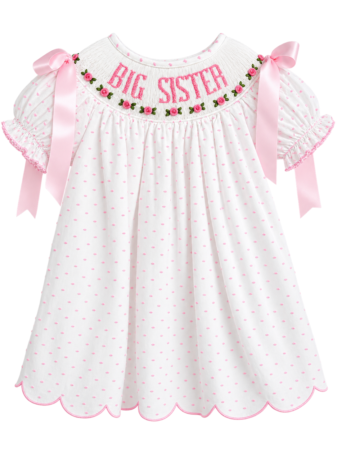 Smocked Pink Swiss Dot Big Sister Dress with Bows & Rosettes