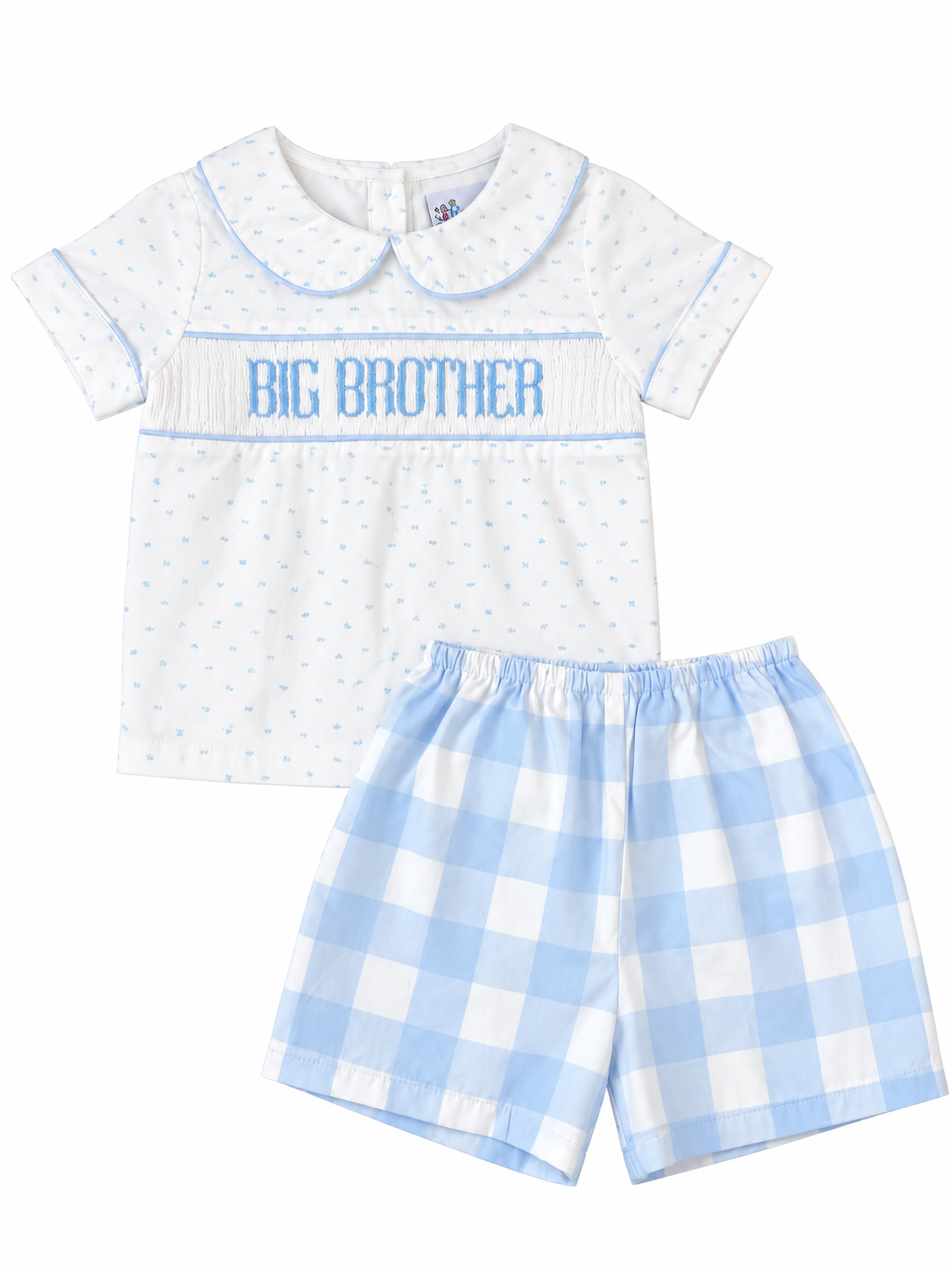 Smocked Blue Swiss Dot Gingham Big Brother Short Set