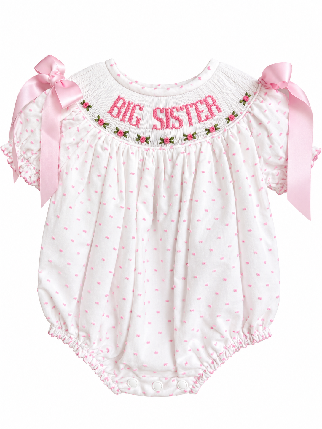 Smocked Pink Swiss Dot Big Sister Bubble with Bows & Rosettes