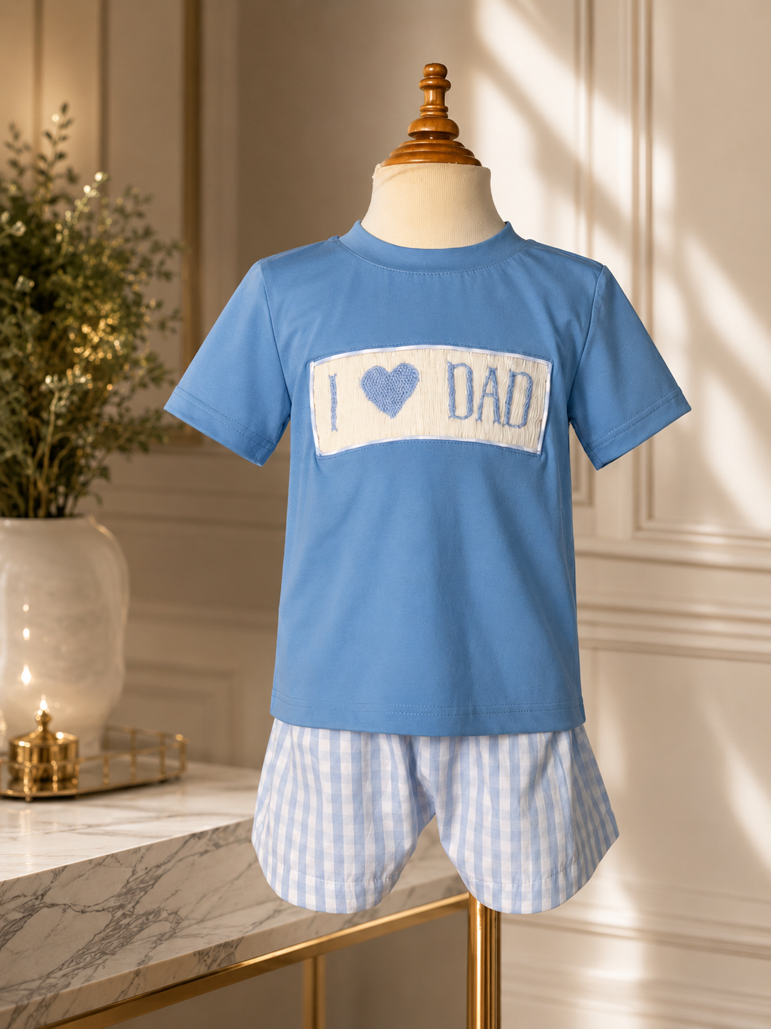 Smocked "I ♥ Dad" Blue Gingham Short Set
