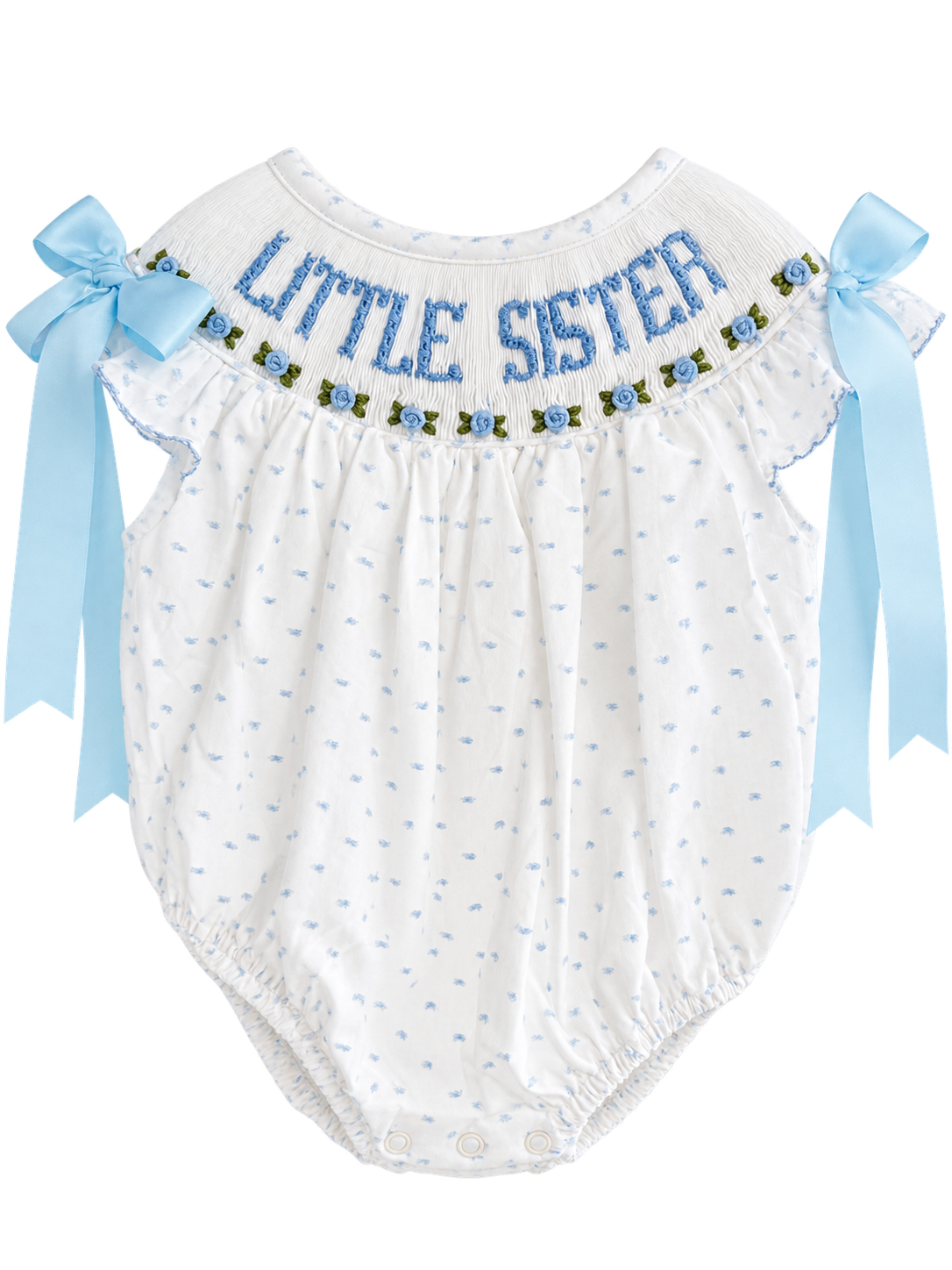 Smocked Blue Swiss Dot Little Sister Bubble with Bows & Rosettes