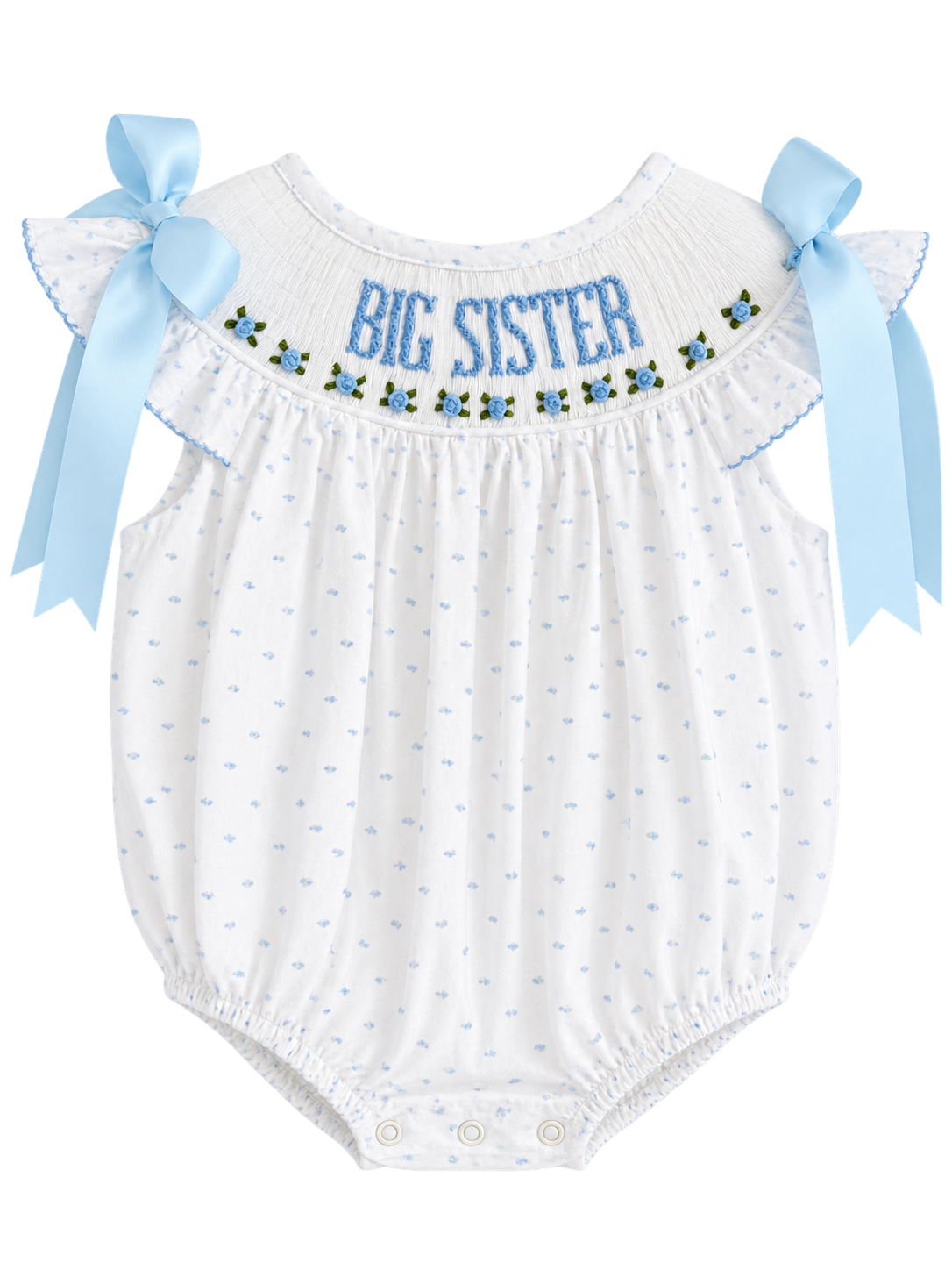 Smocked Pink Swiss Dot Big Sister Bubble with Bows & Rosettes