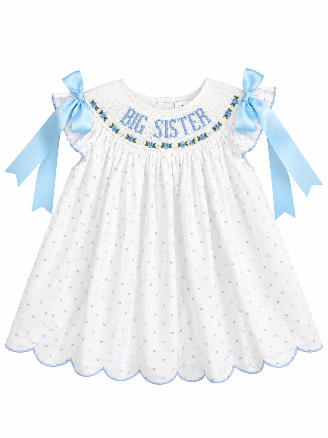 Smocked Blue Swiss Dot Big Sister Dress with Bows & Rosettes