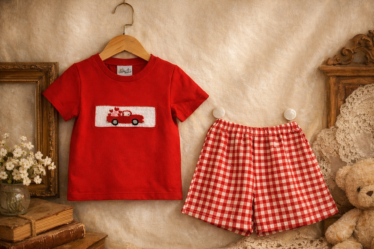 Little Hearts on the Go - Red Car Smocked Short Set