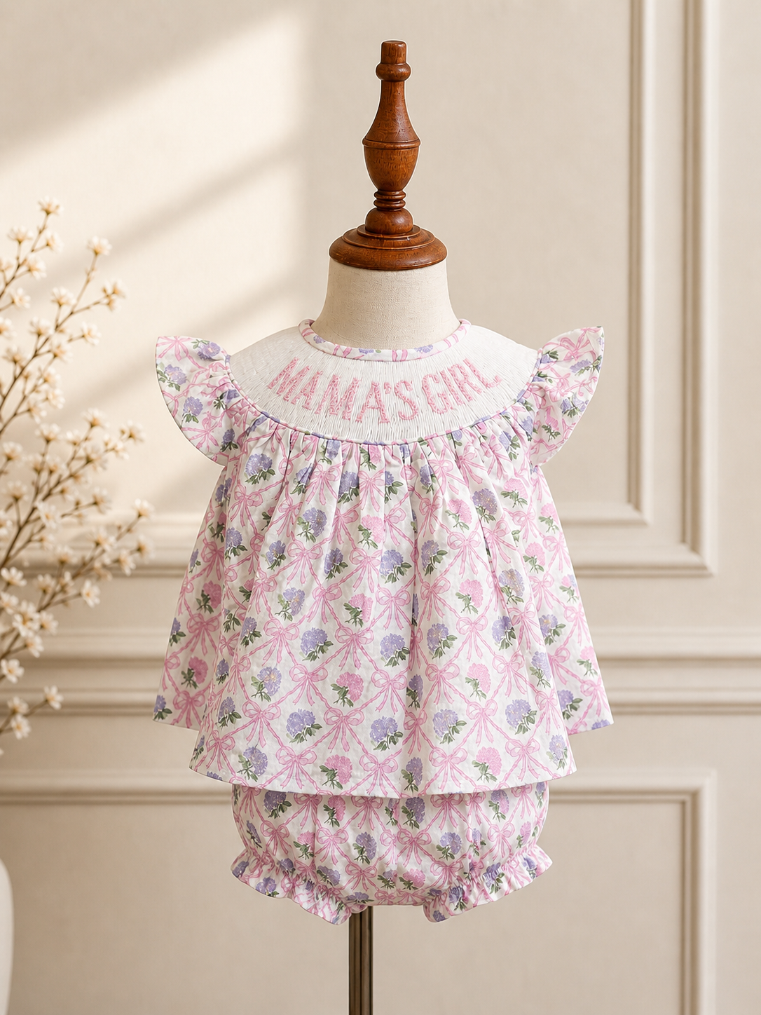 Mama’s Girl Floral Bows Smocked Bloomer Set