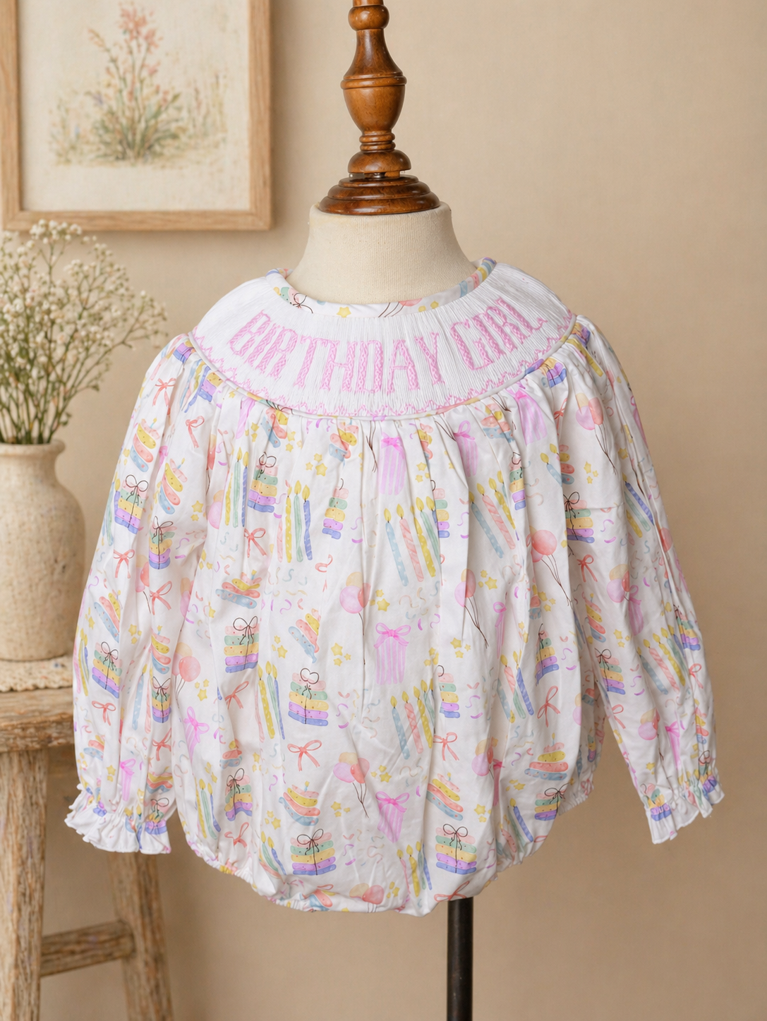 Smocked Birthday Girl Long Sleeve Bubble