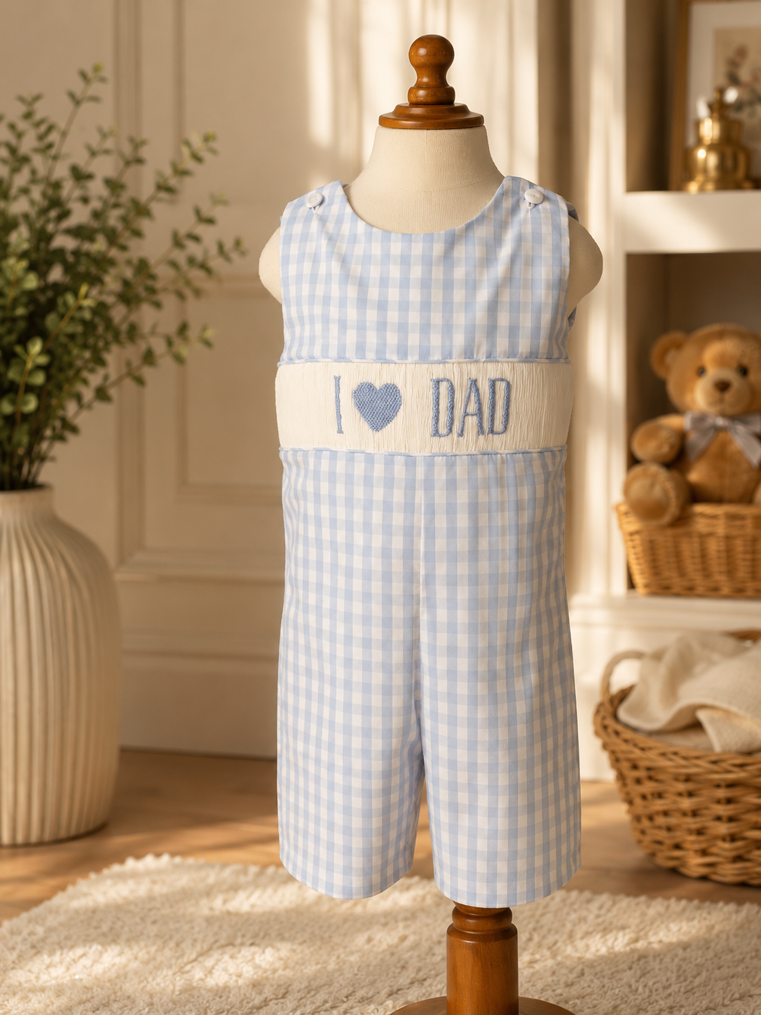 Smocked "I ♥ Dad" Blue Gingham Jon Jon