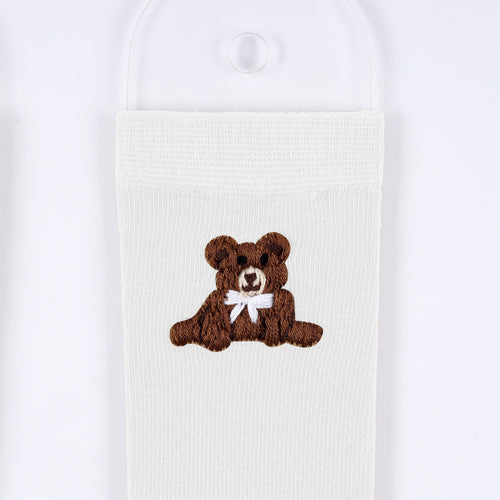 Embroidered Bear Sock in White