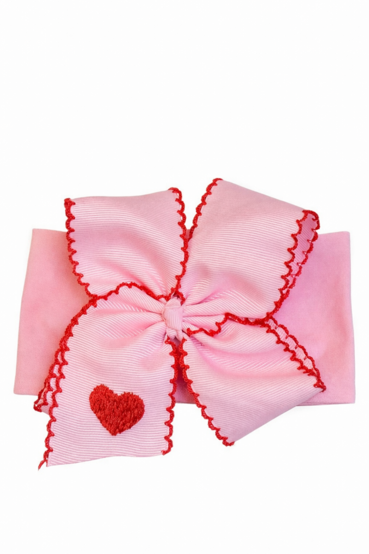 Embroidered Heart Grosgrain Bow Hair band with Scalloped Edges