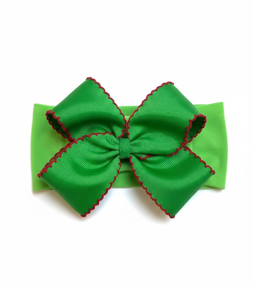 Green Grosgrain Bow headband with Red Scalloped Edges