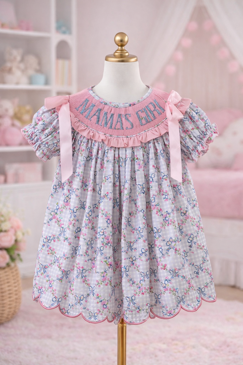 Smocked Mama's Girl Floral Dress with Pink Bows