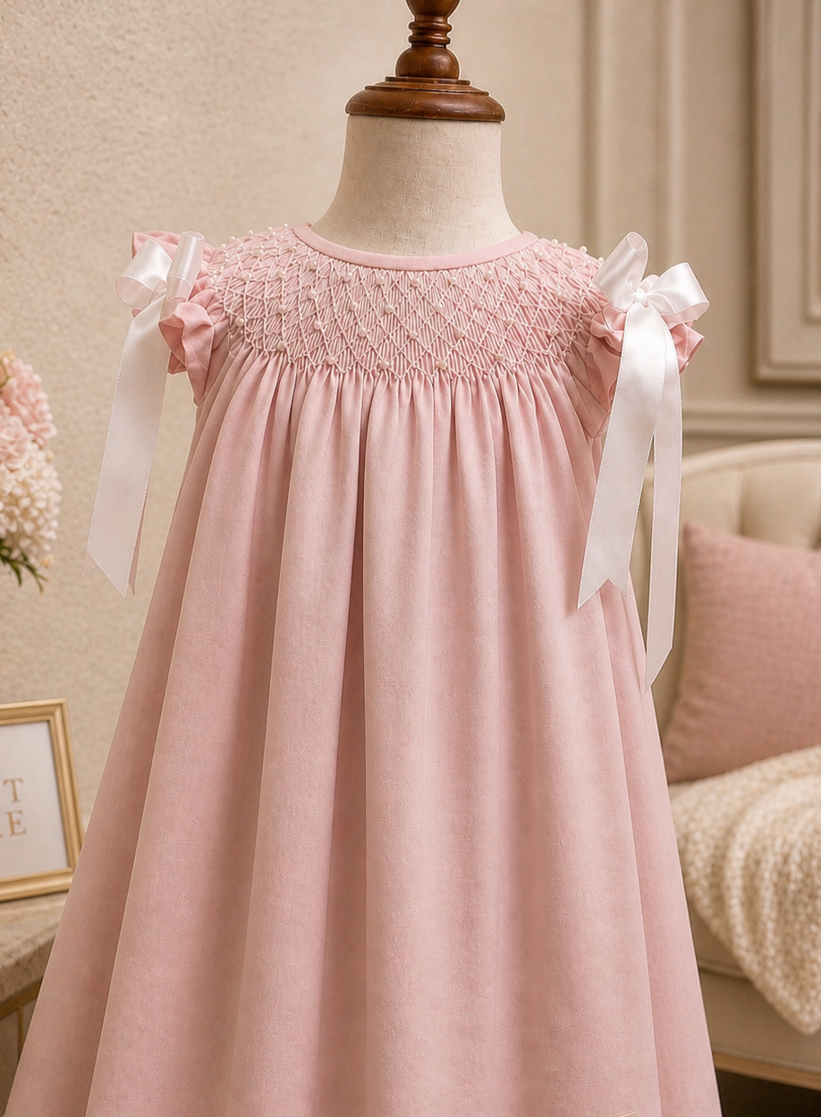 Smocked Heirloom Bishop Dress with Pearl and Bow Detailing