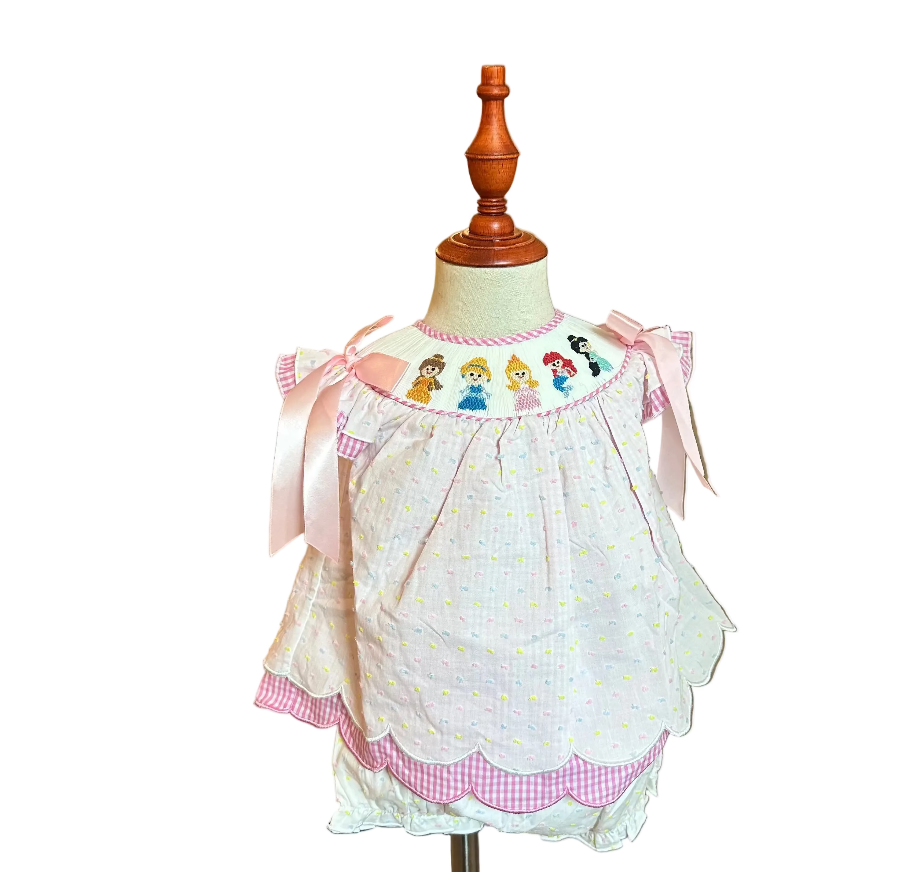 Smocked Princess and Friends Swiss Dot Gingham Bloomer Set