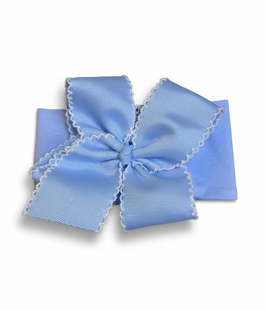 Light blue Grosgrain Bow headband with white Scalloped Edges