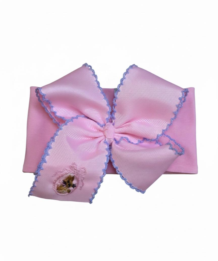 Pink Grosgrain Bow head band with white Scalloped Edges & embroidered peter rabbit