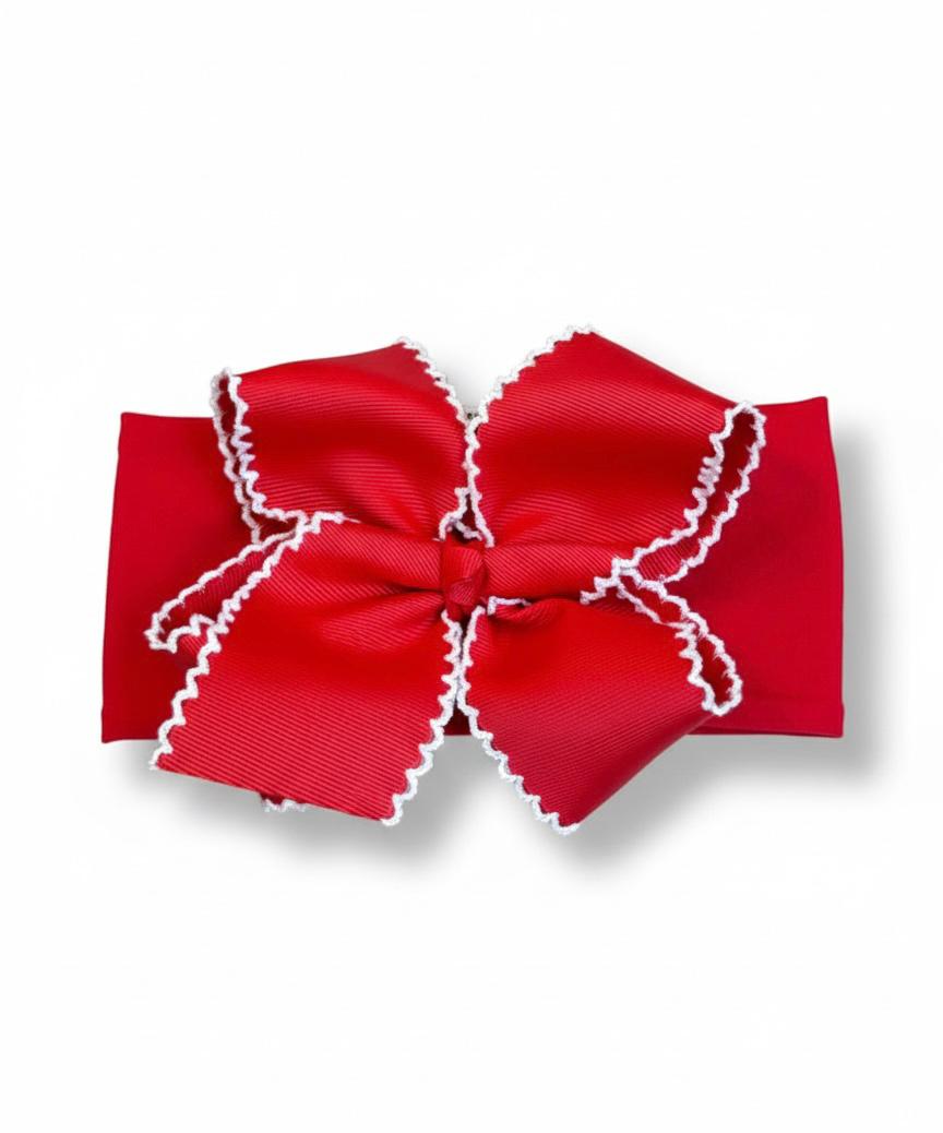 Red Grosgrain Bow headband with white Scalloped Edges