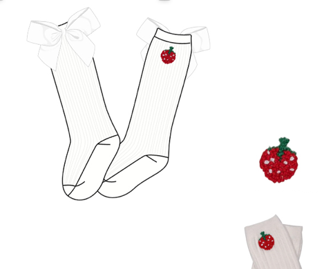 Strawberry Embroidered white Socks with Bow Detail