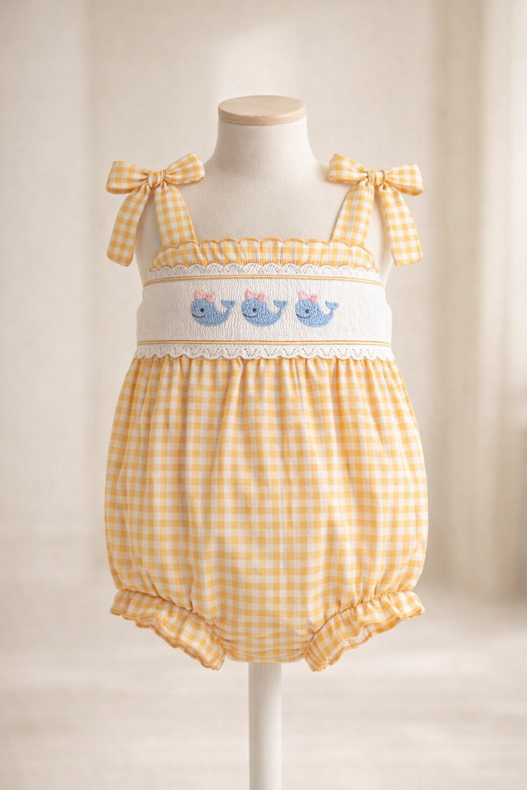 Smocked Whale Gingham Bubble