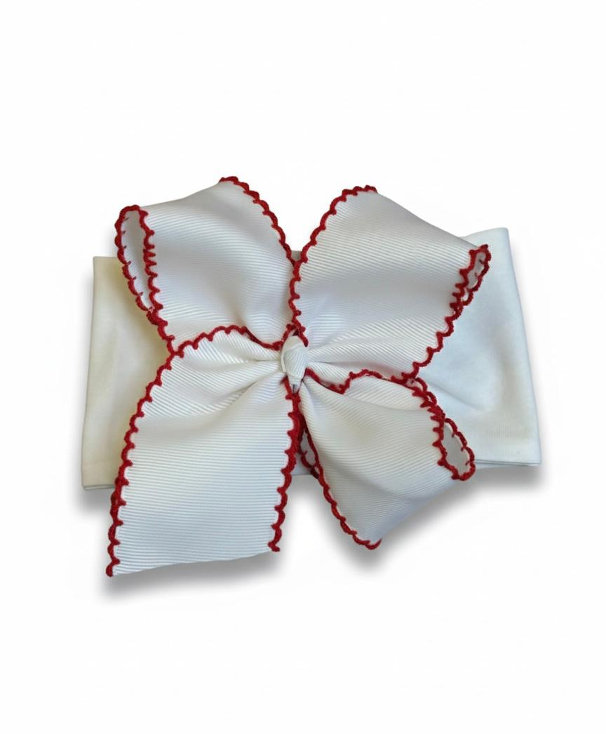 White Grosgrain Bow Headband with Red Scalloped Edges